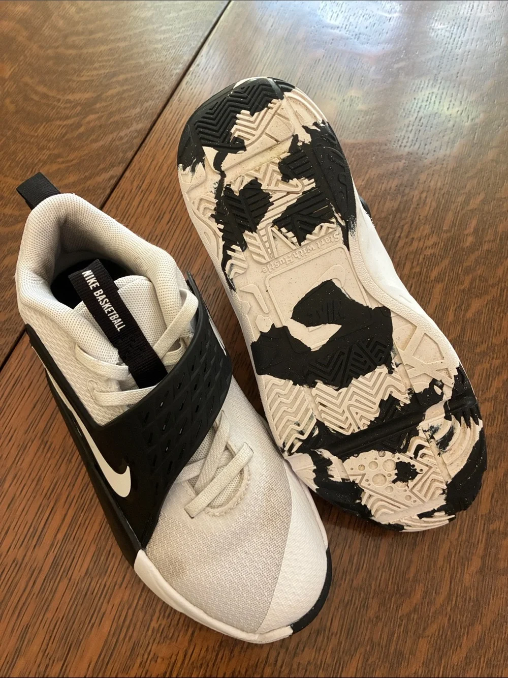 Nike Kids White and Black Basketball Strap Sneakers with Swoosh